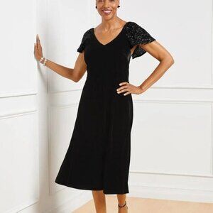 NWT Talbots Sequin Sleeve Black Velvet Fit n Flare Dress Size‎ 6